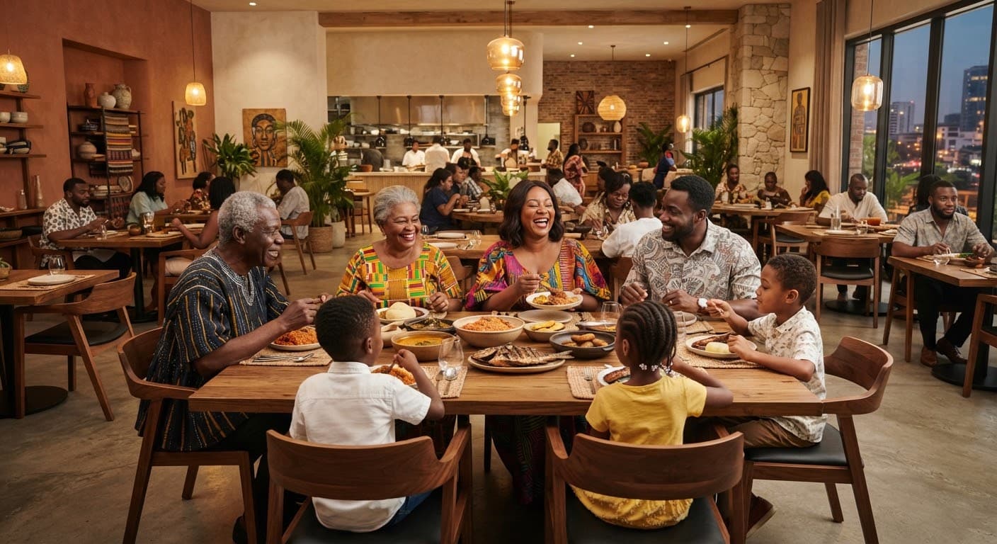 A full Basilissa dining room, guests sharing a meal together